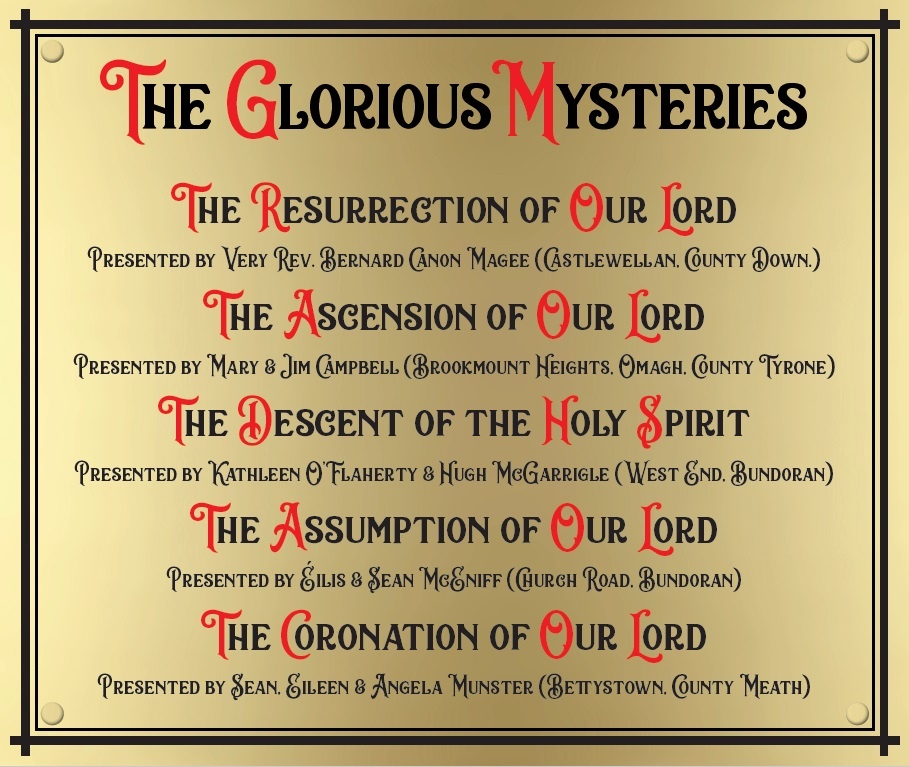 The Glorious Mysteries Brass Plate - Each Stained Glass Window Presented by Parishioners and Friends of the Parish.