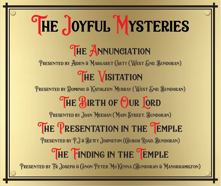 Joyful Mysteries Brass Plate - Each Stained Glass Window Presented by Parishioners and Friends of the Parish.