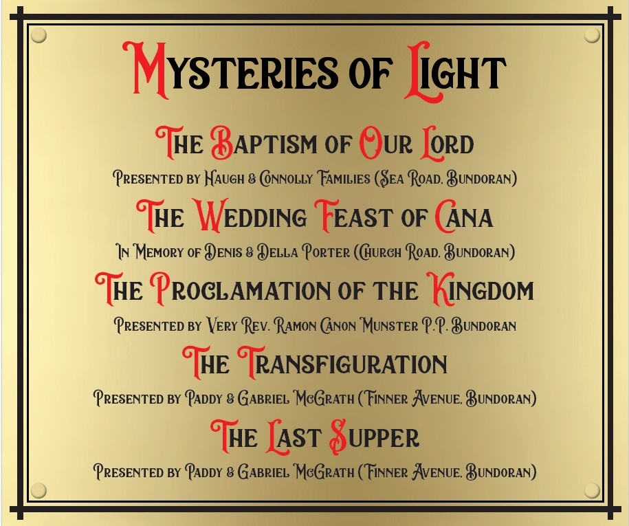 Mysteries of Light Brass Plate - Each Stained Glass Window Presented by Parishioners and Friends of the Parish.